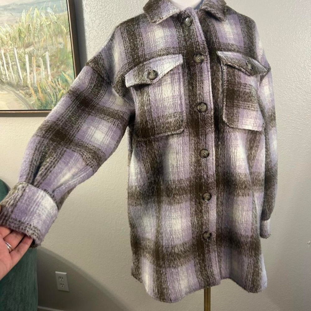 Oversized Plaid Lavender‎ Shacket Jacket Brown Button Up - Size M/L